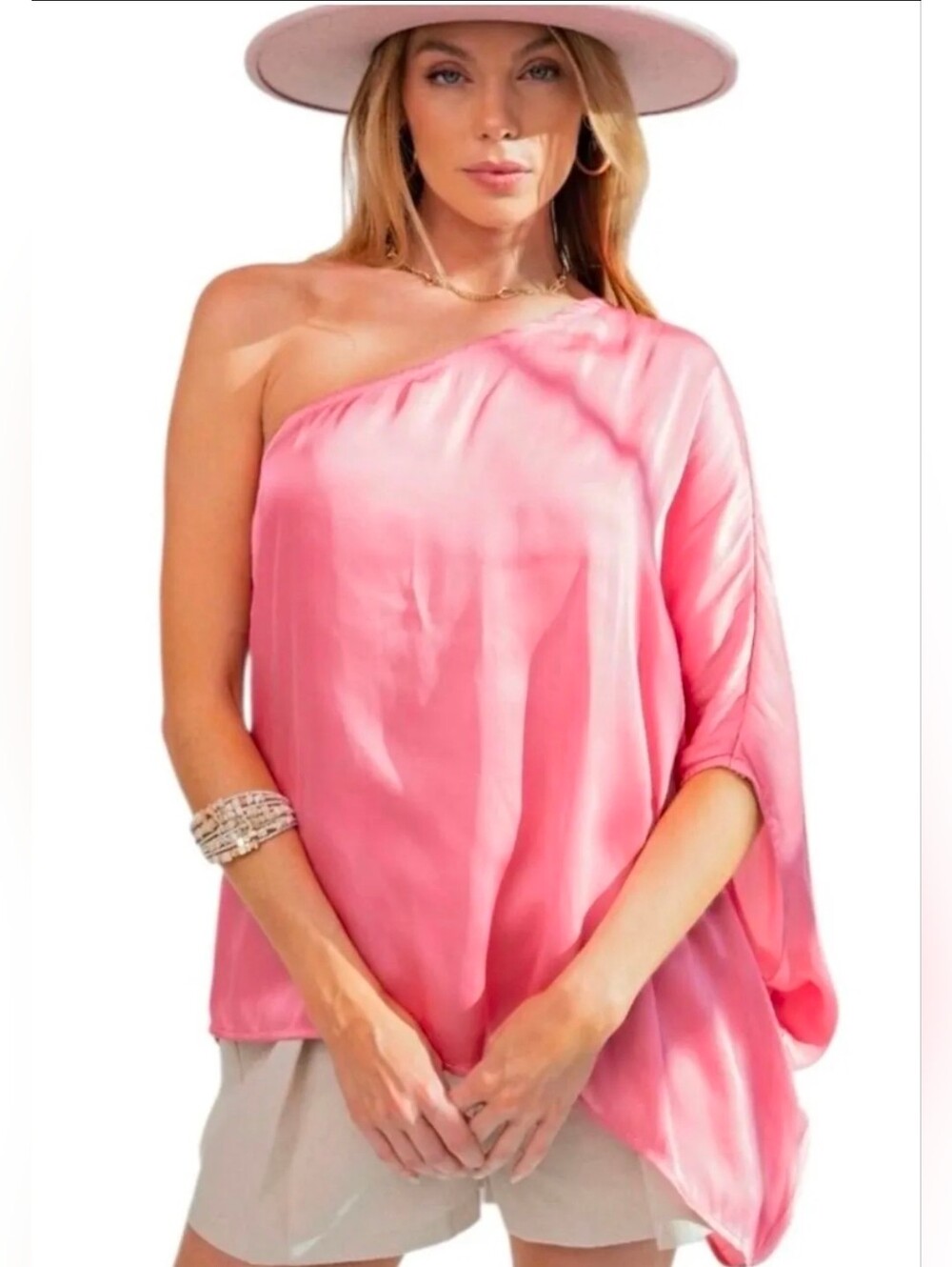 NWT Easel One-Shoulder Satin Pink Top In Medium